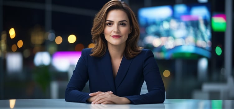 Professional woman at desk in business attire media setting photo