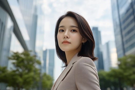 Professional woman headshot urban background modern business photo