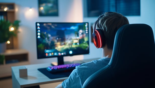 Person gaming at computer with headphones in blue ambient light photo