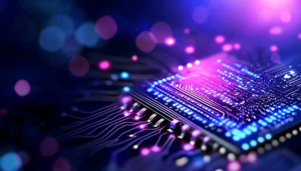 Modern processor microchip circuit board technology with neon futuristic style photo