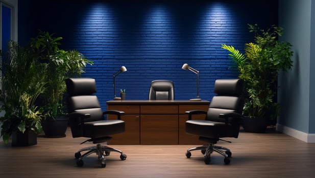 Modern executive office with desk and chairs and dark blue brick wall photo