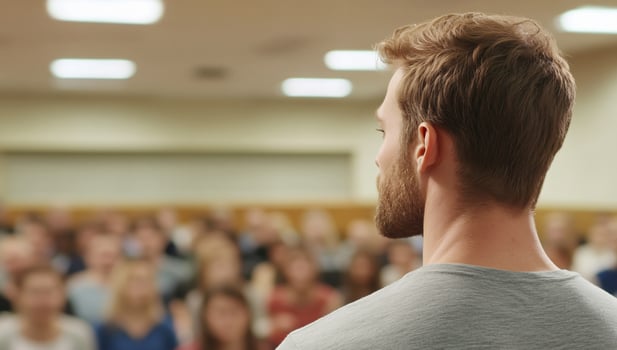 Man giving speech to an audience in auditorium public speaker presentation photo