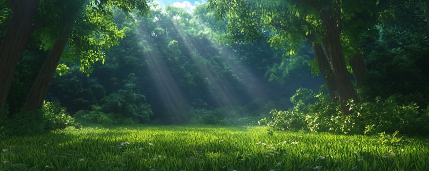 Lush green forest scene sunlight beam natural environment photo