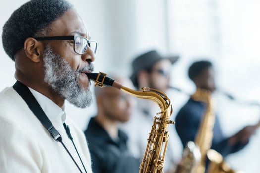 Saxophonists of different ages and backgrounds rehearsing together in a bright music studio setting photo