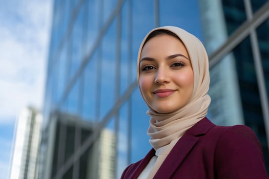 Confident business woman portrait with modern building background in corporate business attire photo