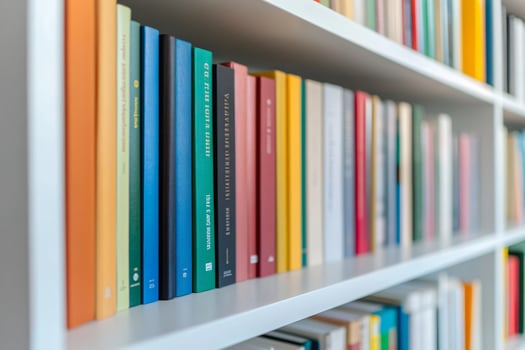 Colorful books on white bookshelf knowledge and education concept photo