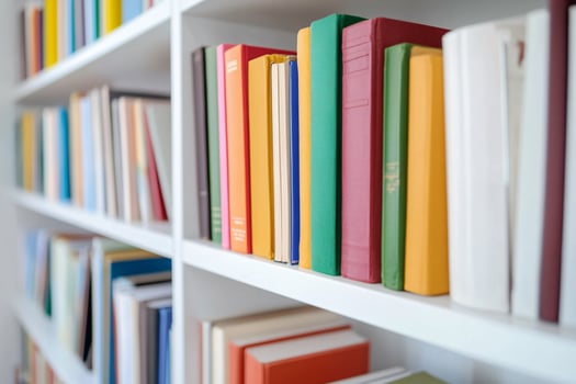 Colorful books arranged on white shelves in home library bookstore photo