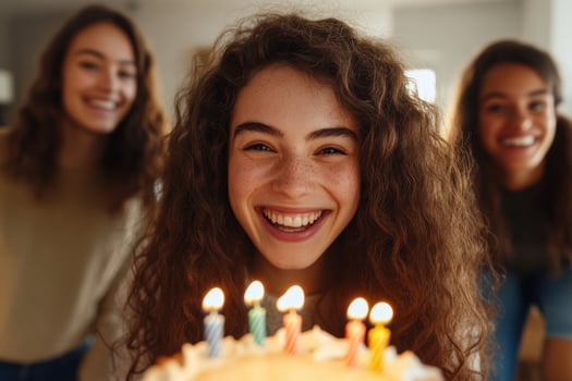 Young woman celebrate birthday with friends group smiling with cake and lit candles photo