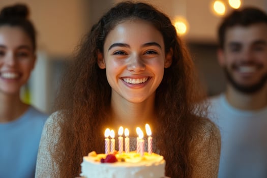 Young woman celebrate birthday with cake and friends smiling togetherness photo