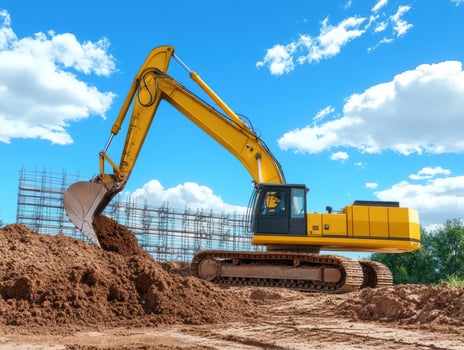 Yellow excavator at construction site under blue cloudy sky daytime photo
