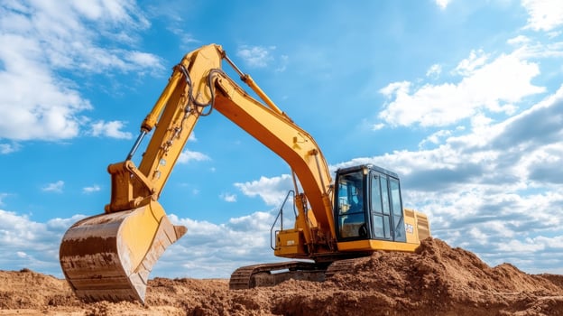 Yellow excavator on earth under blue cloudy sky construction site photo