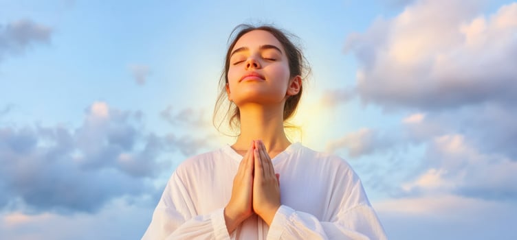 Woman meditating in nature under a bright sky achieving peace and tranquility photo