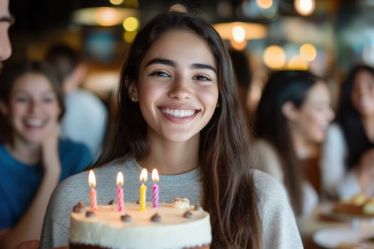 Woman celebrate birthday party with cake and candles photo
