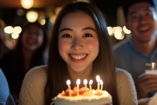 Woman celebrating birthday with cake and candles sharing joy with friends photo