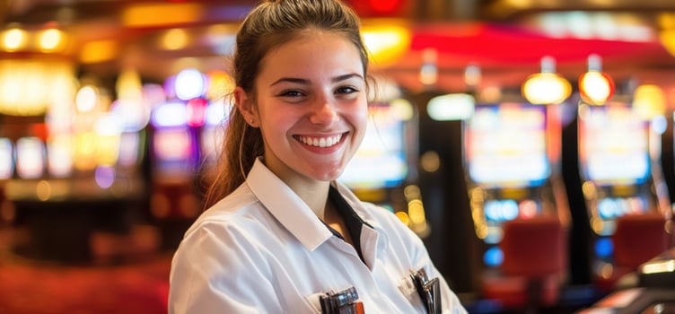 Smiling woman working in casino with slot machines photo