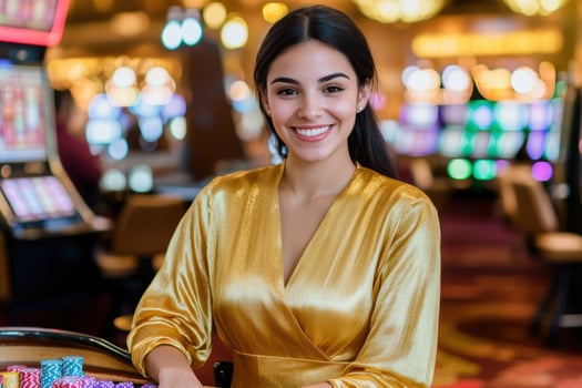 Smiling woman in casino posing by game table photo