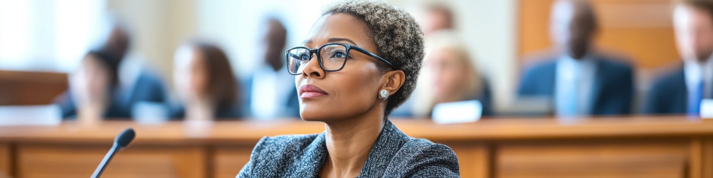 Dedicated Black female court translator focusing on work in courtroom setting photo