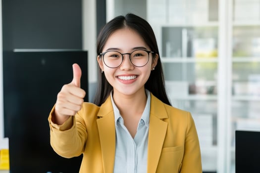 Smiling woman giving thumbs up in office business success approval photo