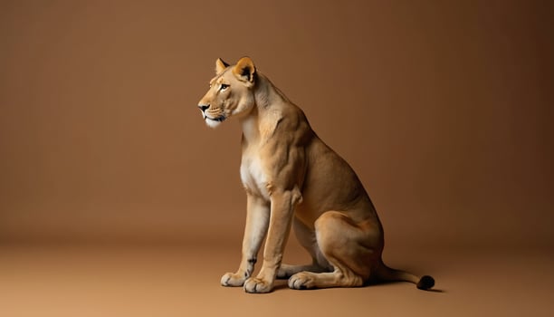 Seated Lioness on Brown Background photo