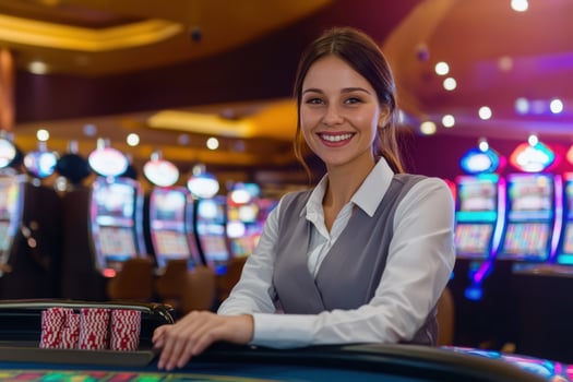 Smiling casino employee at gaming table with chips and slot machines backdrop photo