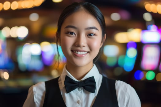 Smiling adult female posing with professional attire and bokeh background photo