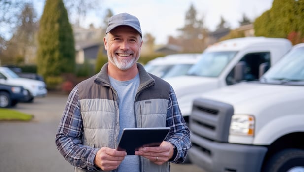 Man with tablet stands in front of vehicles smiling delivering professional service photo