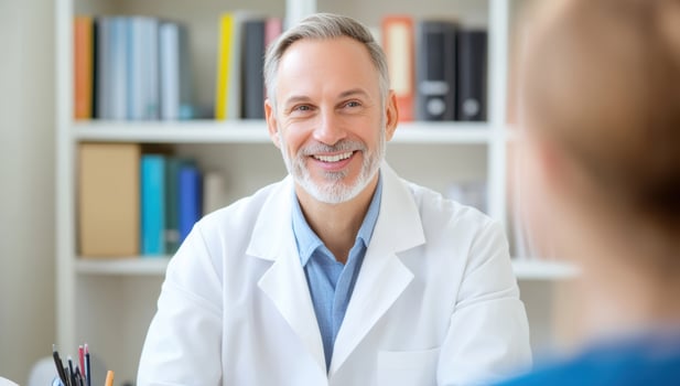 Healthcare professional consultation doctor smiling in clinic office medical expertise photo