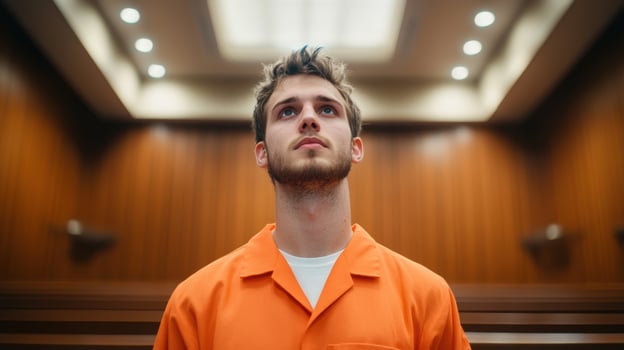 Hopeful man in orange jumpsuit looks upward in courtroom social justice concept photo