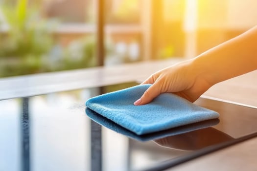 Hand cleaning a shiny black surface with microfiber cloth home hygiene photo