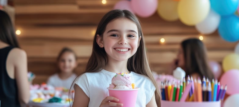 Girl celebrate friendship with ice cream and colorful party balloons photo