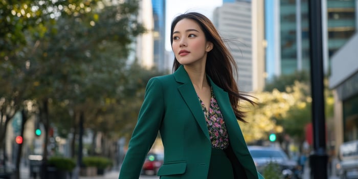 Confident woman walking down city street in green suit photo