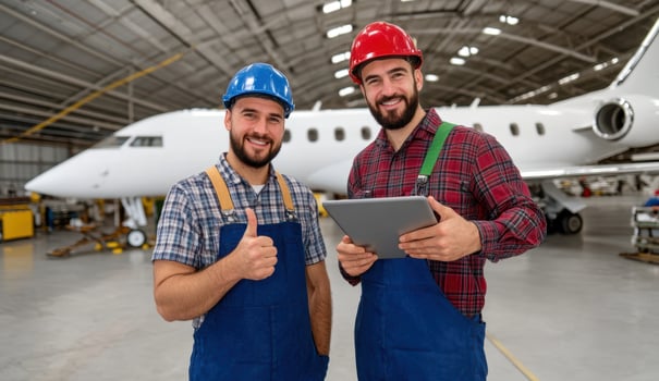 Aircraft maintenance team in hangar with private jet for aerospace engineering photo