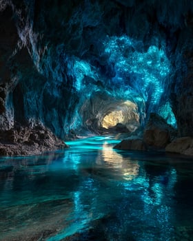 Underground river with crystal clear water flowing gently through glowing cave chamber illuminated by blue bioluminescent light on ceiling above photo