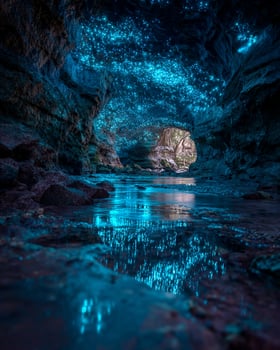 Stunning clear water river running through underground cavern glowing with soft blue bioluminescent lights covering the ceiling and rocky walls photo