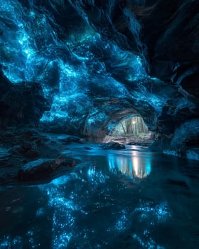 Ethereal subterranean river with glowing blue lights along cave ceiling reflecting on clear water creating surreal magical underground scene photo