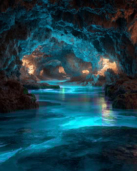 Majestic cave interior with crystal water stream and bright blue bioluminescent ceiling lights creating peaceful and mystical underground view photo