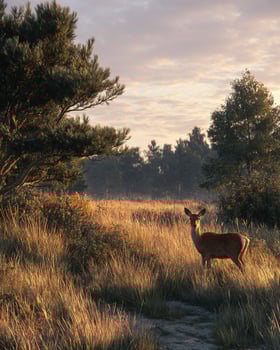 Wild deer eating grass in open countryside field bathed in golden hour light with orange and yellow hues painting natural background sky photo