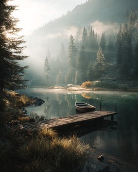 Lonely wooden dock extending into calm mountain lake surrounded by pine trees with early morning mist and golden sun rays piercing gentle fog photo