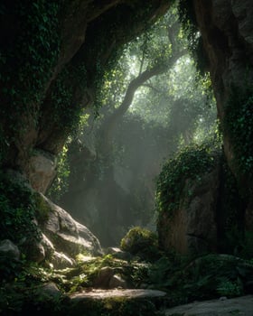 Scenic cave opening in deep forest with soft sunlight rays streaming through moss covered stones and mysterious ancient textures of rocks photo