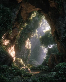 Glowing forest cave entrance with light shafts cutting through fog and mossy rocks creating a magical natural setting deep in the wilderness photo