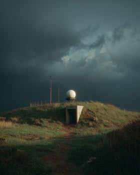 Cloudy day over historical military hill with radar dome and concealed bunker surrounded by lush grass and dramatic stormy atmosphere photo
