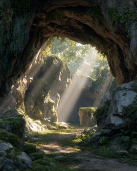 Natural hidden cave surrounded by green ivy and mossy textures with soft beams of morning light illuminating serene forest interior photo