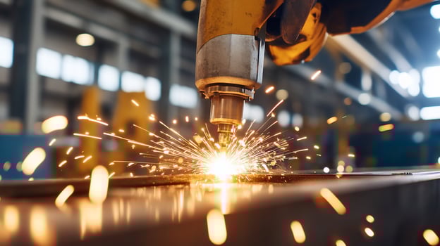 Automated welding process sparks flying in metal fabrication factory photo