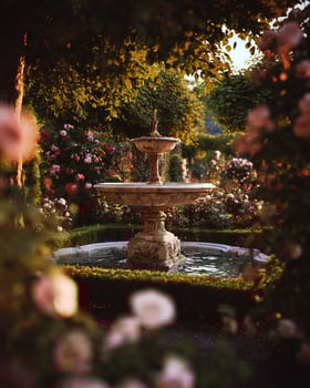 Decorative marble fountain placed in center of lush botanical European style garden with fresh blooming roses and trimmed garden beds photo