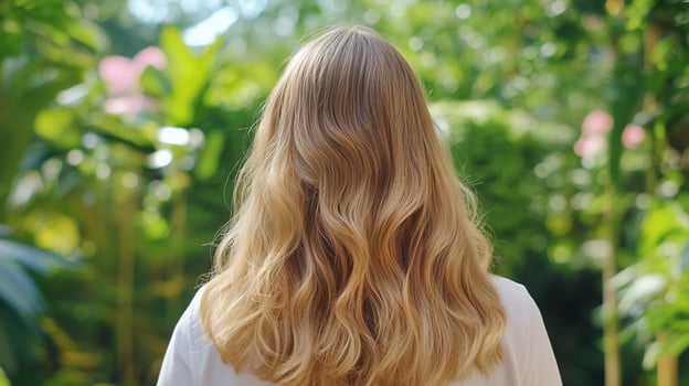Back view of person with wavy blonde hair in lush green outdoor setting photo
