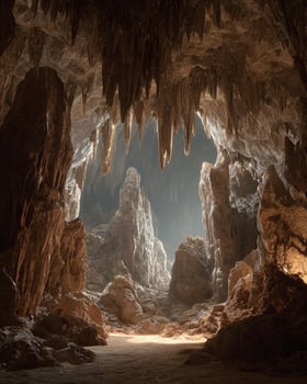 Stunning underground cave interior filled with massive stalactites and stalagmites illuminated by natural light creating surreal ancient formation photo