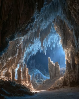 Interior of deep mysterious cave with intricate stalactite and stalagmite structures shaped over time by dripping water and mineral buildup photo