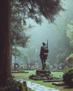 Bronze military statue of soldier carrying rifle in peaceful memorial park surrounded by tall pine trees and commemorative plaques photo