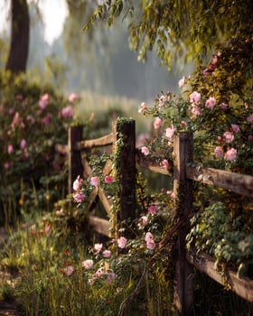 Vintage wooden fence in countryside park covered in blooming rose vines and lush greenery creating romantic natural scenery photo