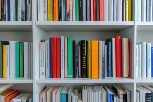 Bookshelf full of colorful books education and learning background photo